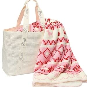 NEW Pink Victoria's Secret Embellished Tote with Fleece Fair Isle Blanket